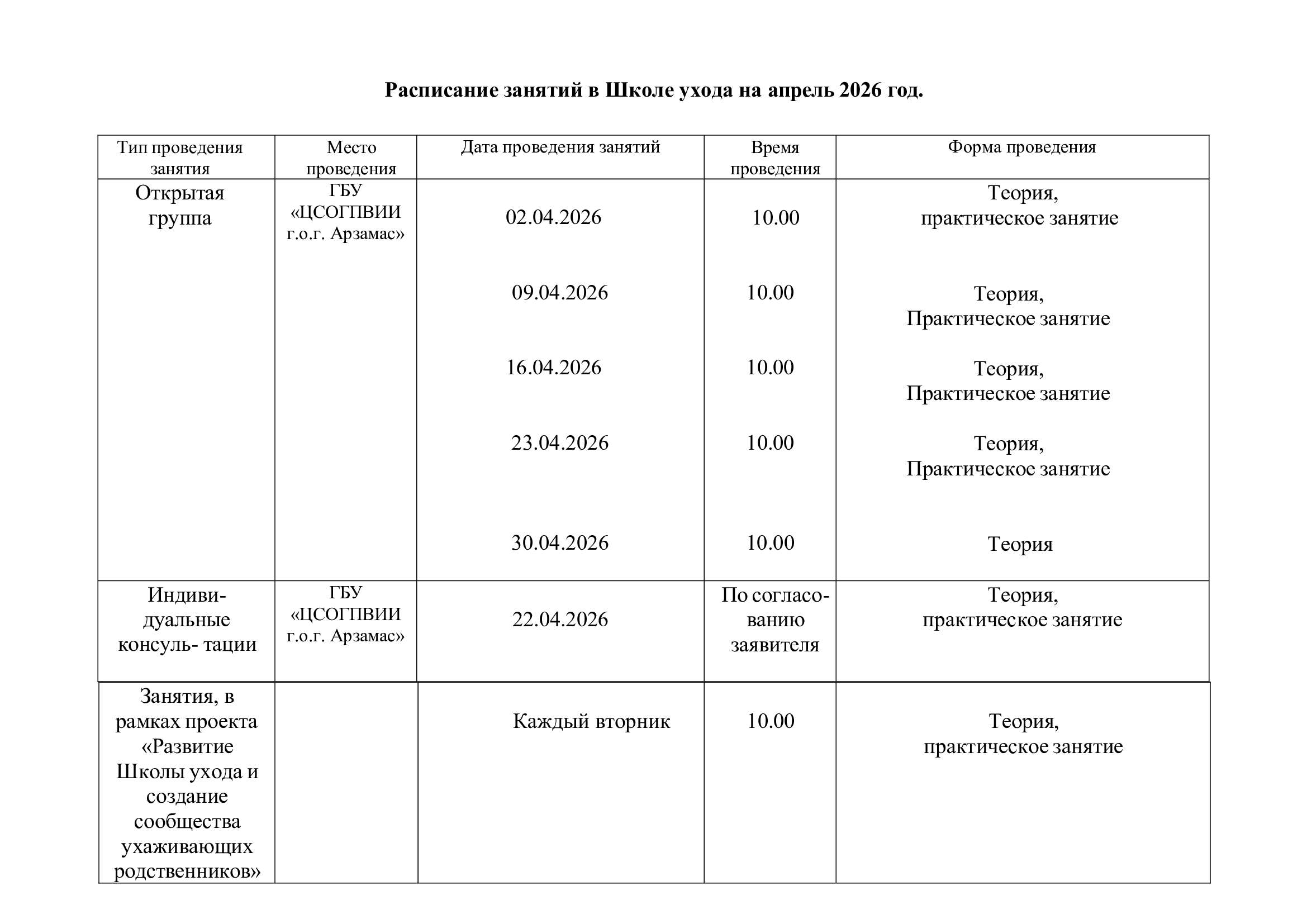 Расписание занятий в Школе ухода на апрель 2026